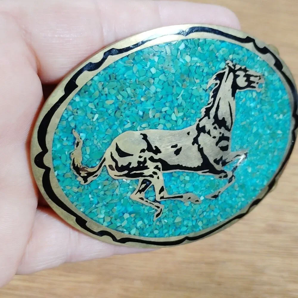 Vintage Belt Buckle Turquoise Chip Inlay Horse Oval Western Rodeo Cowboy 1981